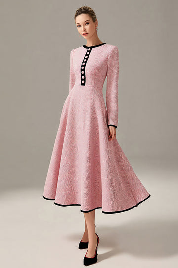 Long Sleeve A Line Pink Midi Work Dress